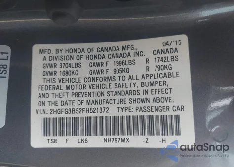 2015 Honda Civic Lx from USA, damaged, VIN 2HGFG3B52FH521372